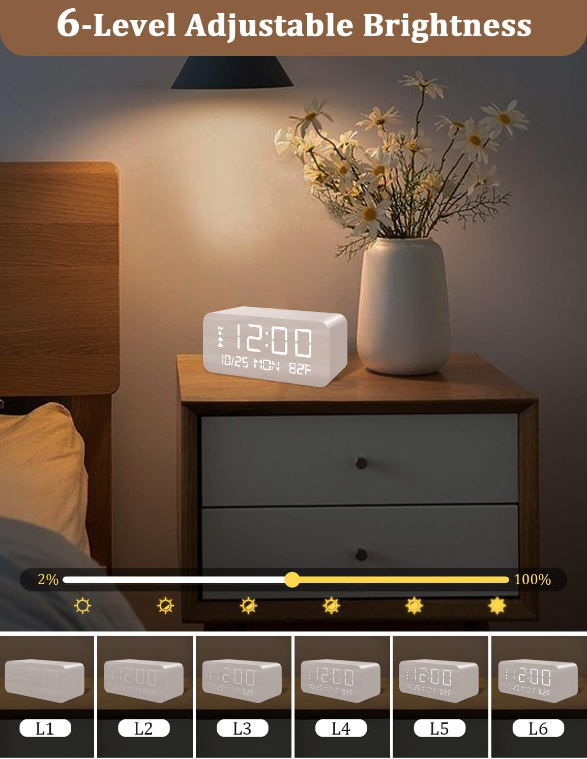 JALL Digital Alarm Clock showing 6 levels of adjustable brightness
