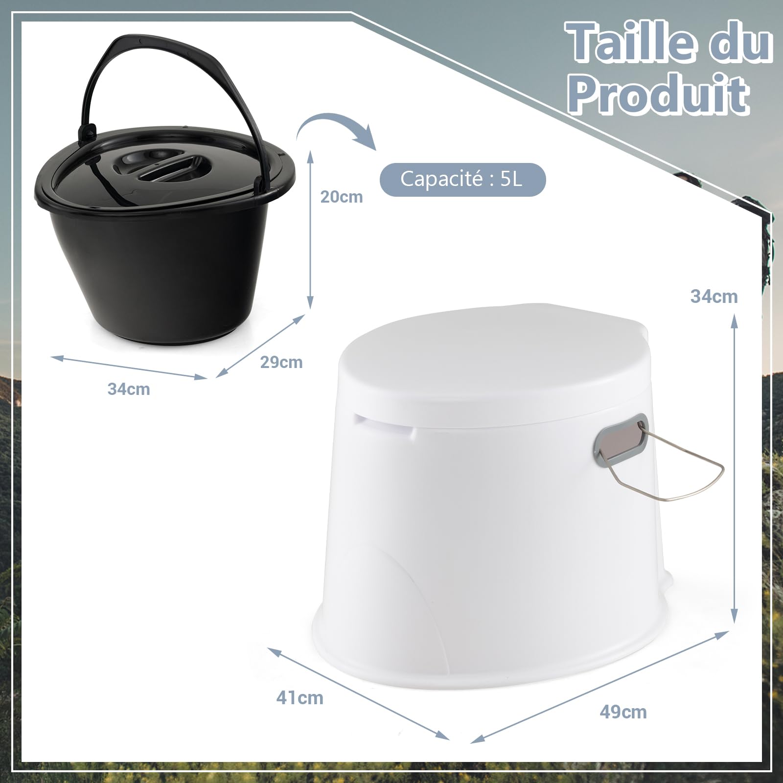 GYMAX Toilette de Camping Portable, Charge 200KG, Utilisation Extérieure Intérieure, avec Seau Amovible, Couvercle, Support de Papier, pour Randonnée, Camping-Car, Voyage