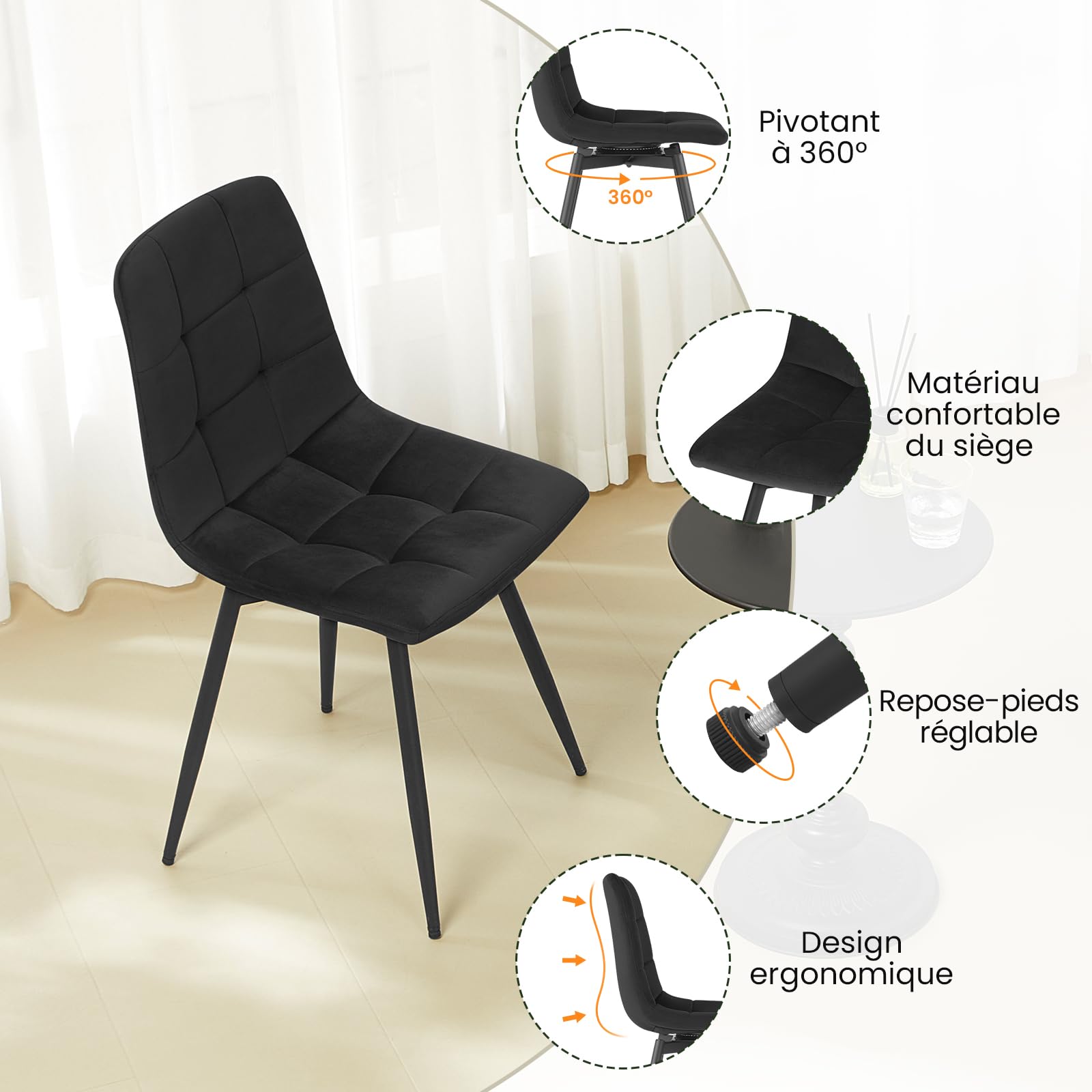 EUGAD Lot de 4 Chaises Pivotantes Salle à Manger, Chaises de Cuisine en Velours, avec Dossier, Assise Rembourrée, Pieds en Métal, pour Salle à Manger, Chambre, Salon, Noir