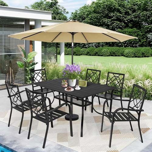 Image of SUNCROWN 8-Piece Outdoor Wrought Iron Chairs and Table Patio Dining Furniture Set - 6 Stackable Metal Chairs, 1 Steel Slat Bistro Table and 1 Brown 9Ft Patio Umbrella for Garden Backyard Deck