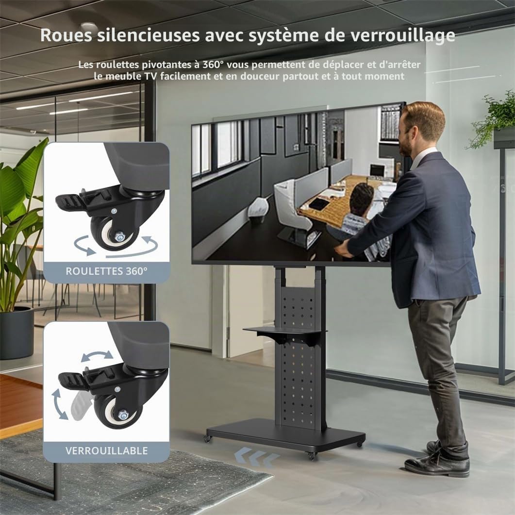 unho Support TV sur Pied avec roulettes: Pied TV Universel pour Écran 32-65 Pouces Meuble Télévision Rotatif Charge Max 50KG Réglable en Hauteur 130-160cm VESA Max 600x400mm pour Salon Chambre