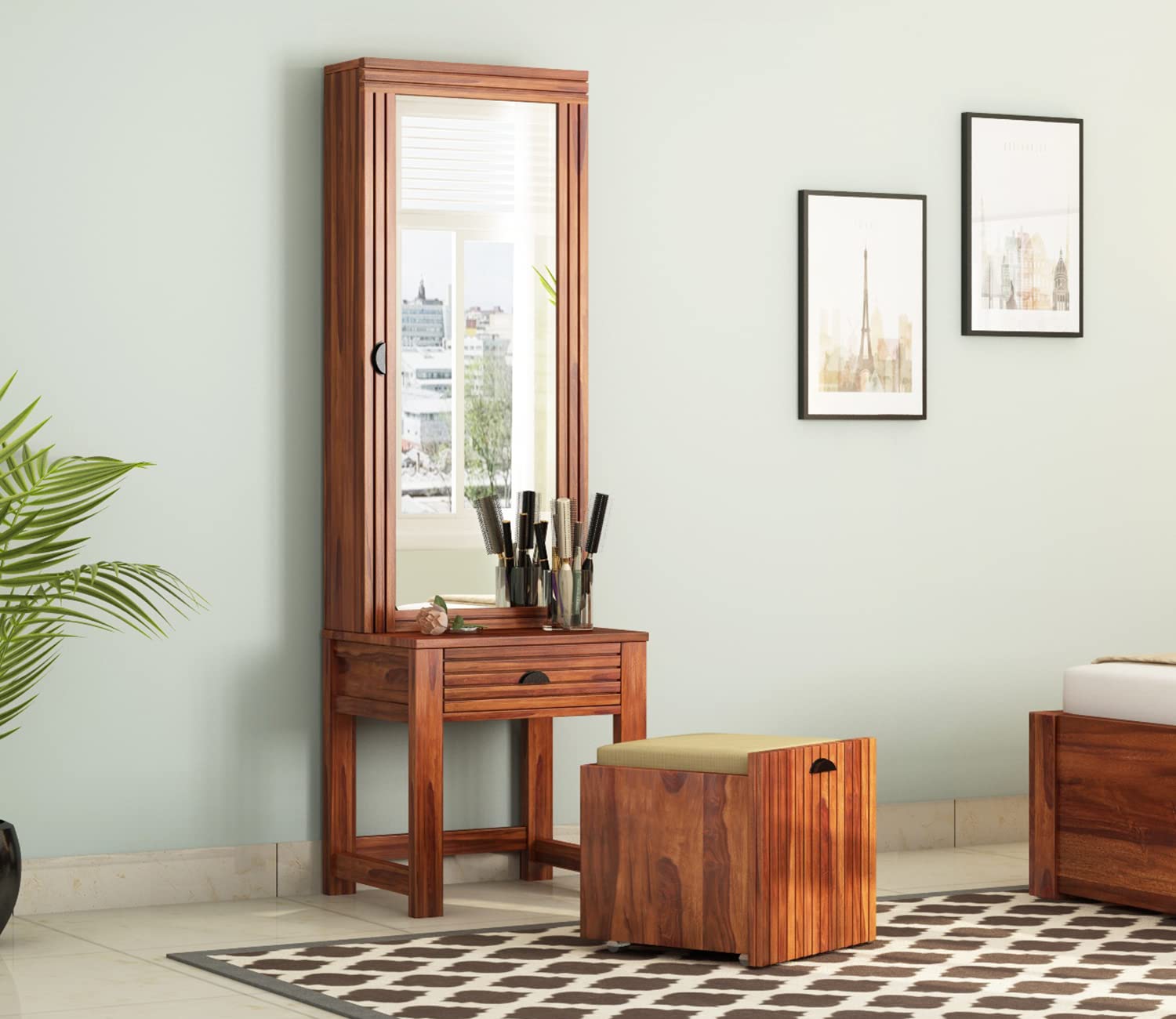 The Attic Beru Dressing Table for Bedroom,Wooden Dressing Table, Honey Matt Finish