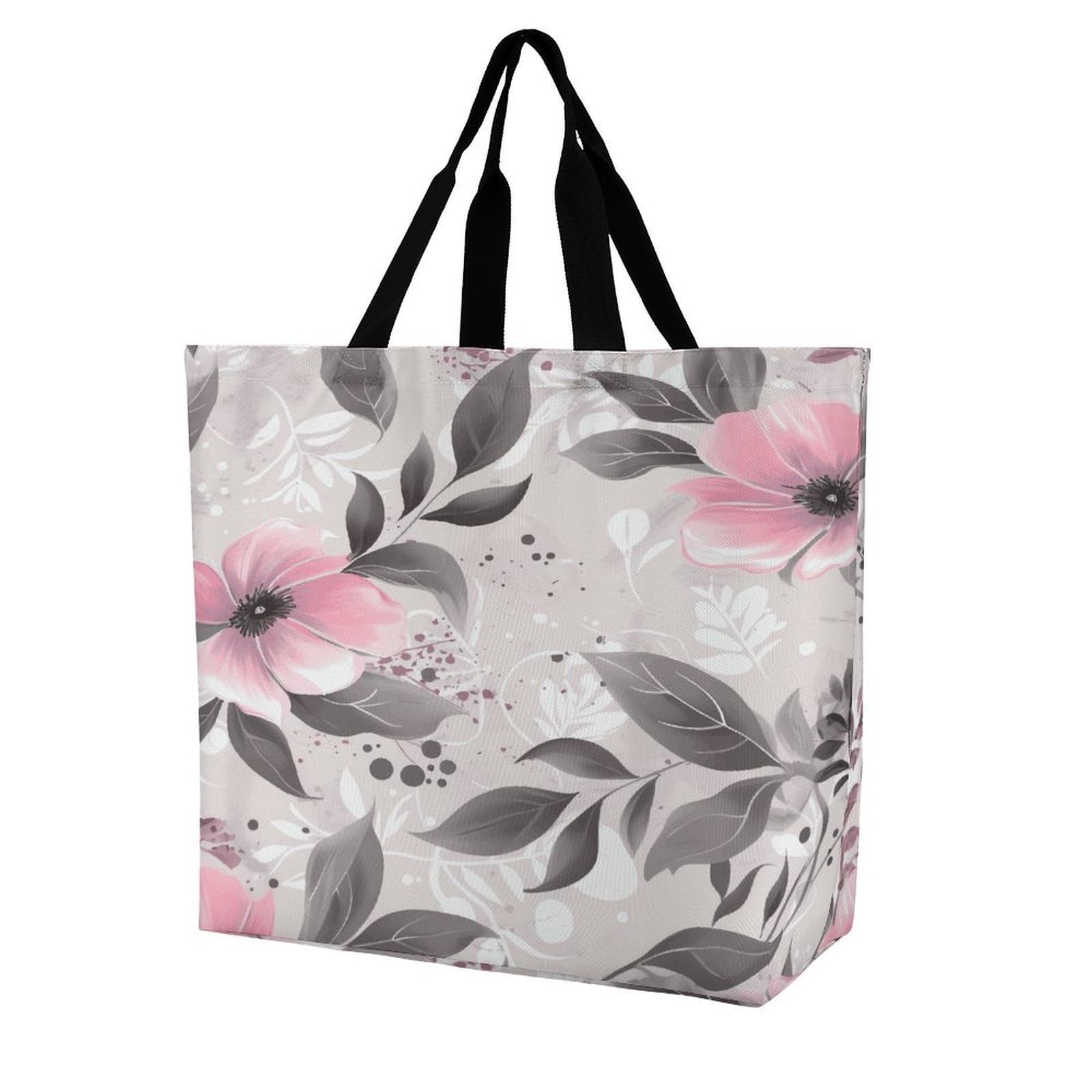 Reusable Grocery Bags Lightweight Pink Flowers And Leaves on Gray Tote Bags for Women Shoulder Bag Fashion Washable Shopping Bag Large Casual Tote Handbag for Work Travel Shopping