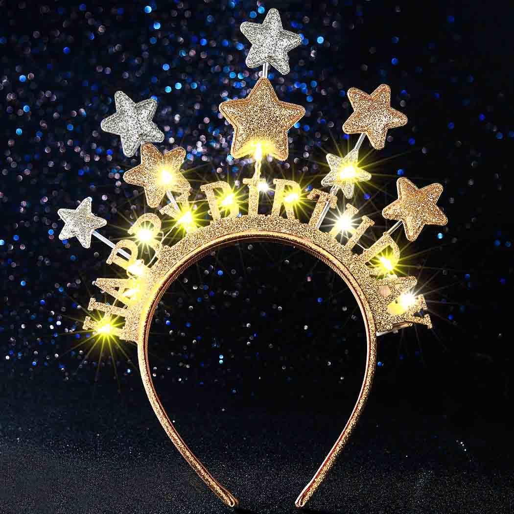 Aceorna Light Up Stars Headbands LED Gold Birthday Hairbands Glowing Happy Birthdays Crowns Head Bands Glitter Birthday Hair Accessories for Women