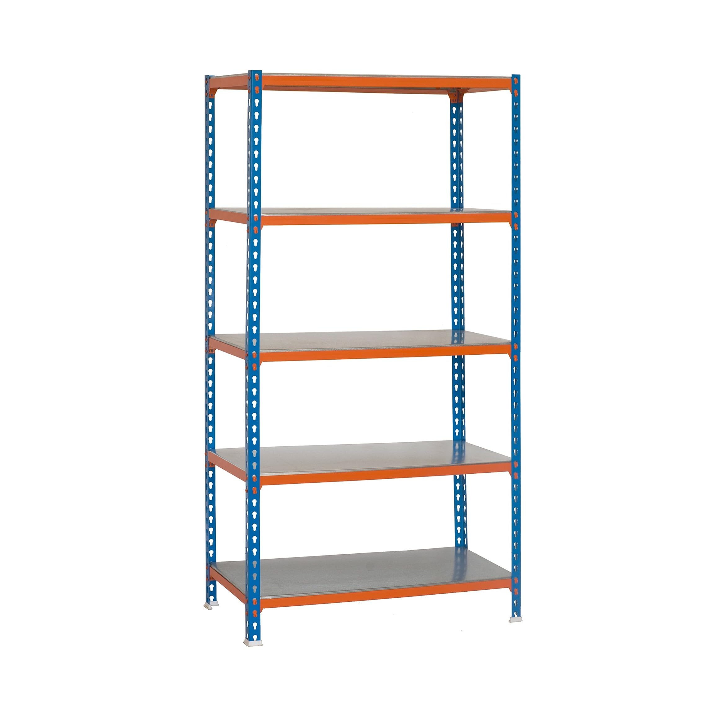 SimonRack Estanteria Metalica, 5 Baldas Ajustables, 200 kg de Punto Flexión, 2000x1100x500 mm, Estantería Almacenaje, Sin tornillos, Azul/Naranja/Galva - Simonclick | 5 Alturas, Bandeja Metal, 200 kg de Punto Flexión, Azul/Naranja/Galva, Pintura anticorro