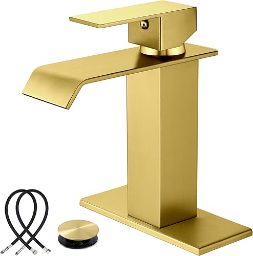 Midanya Grifo para lavabo de baño en cascada de níquel cepillado, 1 mango, montaje en cubierta, 1 o 3 agujeros, grifo mezclador Morden con placa de