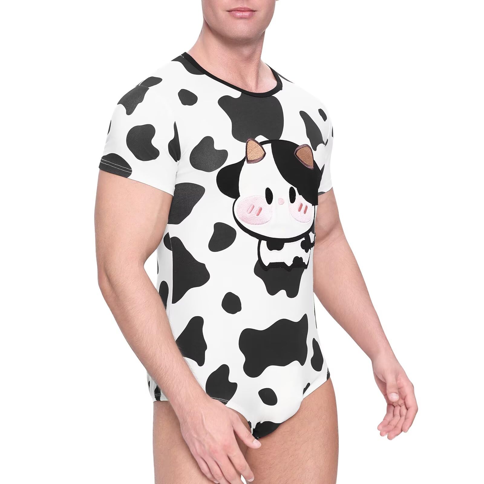 Landofgenie Body Homme Manches Courtes en Coton avec Imprimé Vache et Boutons-Pression à l'entrejambe, Pyjama Confortable ou sous-vêtement Onesie