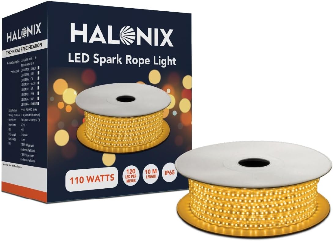 Halonix 10 Meter (33 Feet) Yellow Rope Light | Plug-n-Play | Waterproof | 1200 Bright LEDs | Diwali Lights for Decoration for Home | Festive Light | Strip Light | String Light | Pack of 1 (Yellow)