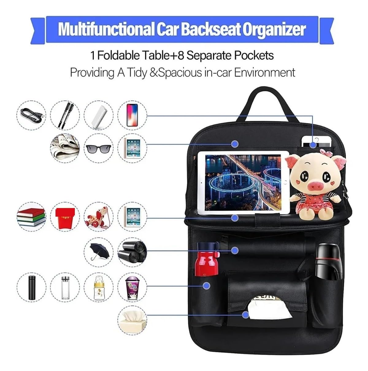Bigbibi Organizer for Auto Multitasche Impermeabile con Vassoio Pieghevole(Beige with Pallet)