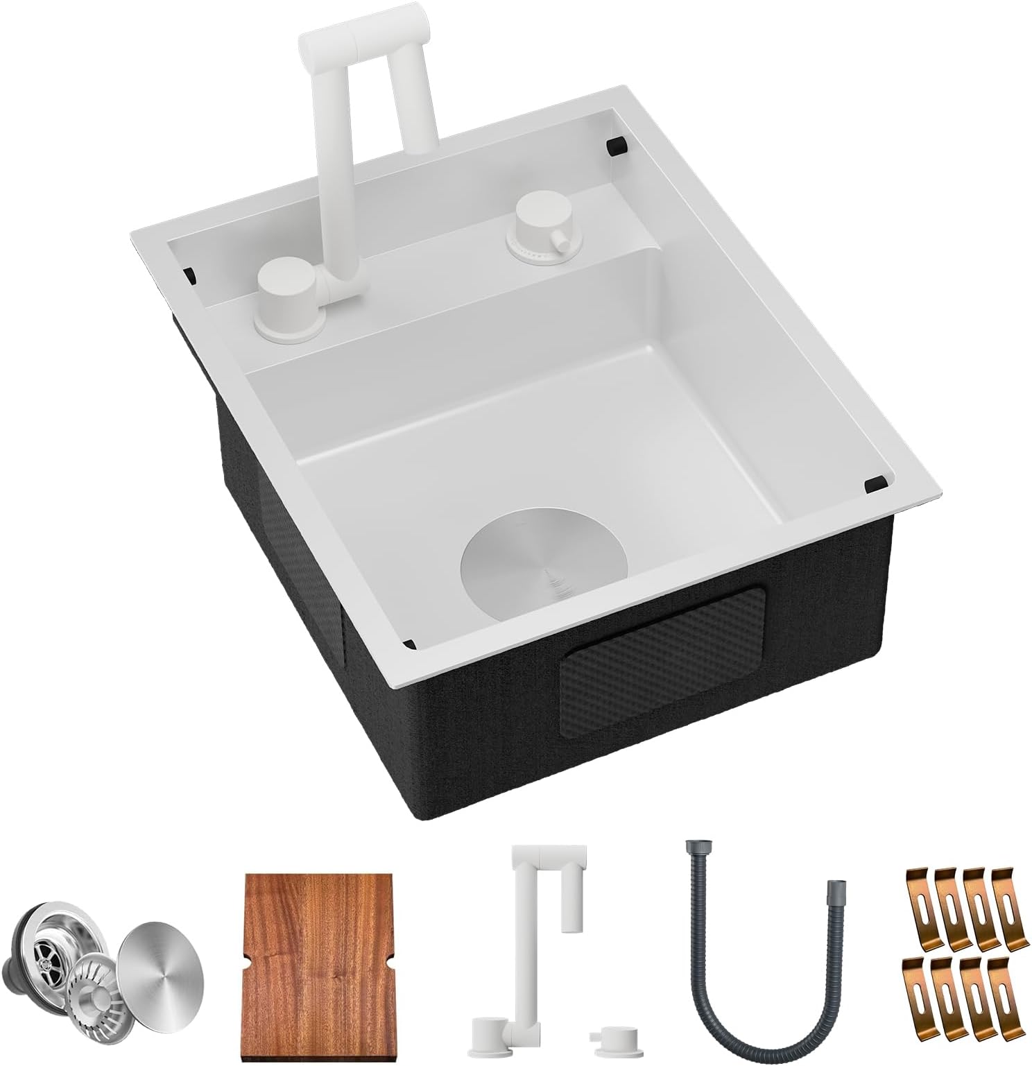 TORVA RV Kitchen Sink, 15 x 18 x 7 Inch Undermount Bar Sink 16 Gauge Stainless Steel Single Bowl Sink with Foldable Faucet Cutting Board, White