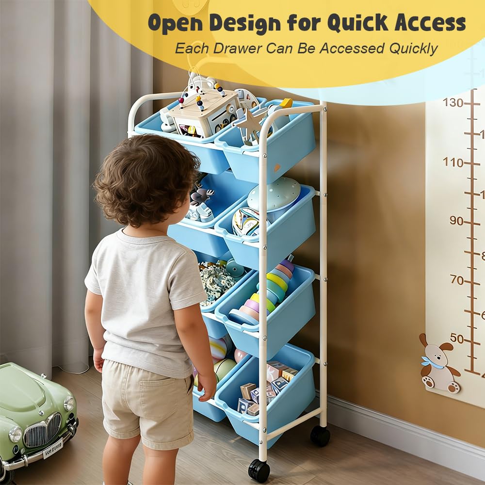 Organizador de Juguetes Infantil con Ruedas, 8 Cajas Amarillas Extraíbles, 4 Niveles, 63x28.5x122.5cm, Diseño de Orejas de Oso, Almacenamiento para Habitación Infantil (4 Tier)