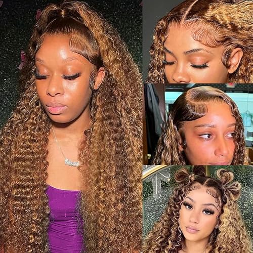 Image of LAINSS 210% Density 13x6 Ombre Blond Lace Front Wig 4 /27 Highlight Deep Wave Lace Front Wigs Human Hair Pre Plucked with Baby Hair Deep Curly Glueless Wigs for Women 24 Inch