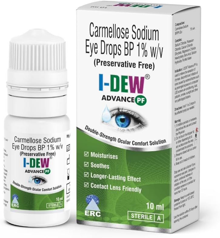 I-DEW Advance PF Carmellose Eye Drops for Dry Eyes | Night-Time Eye Drops | Carmellose Sodium 1% | Essential Eye Electrolytes | 100% Preservative-Free & Sterile | Long-Lasting Relief | 10ml(Pack of 1)