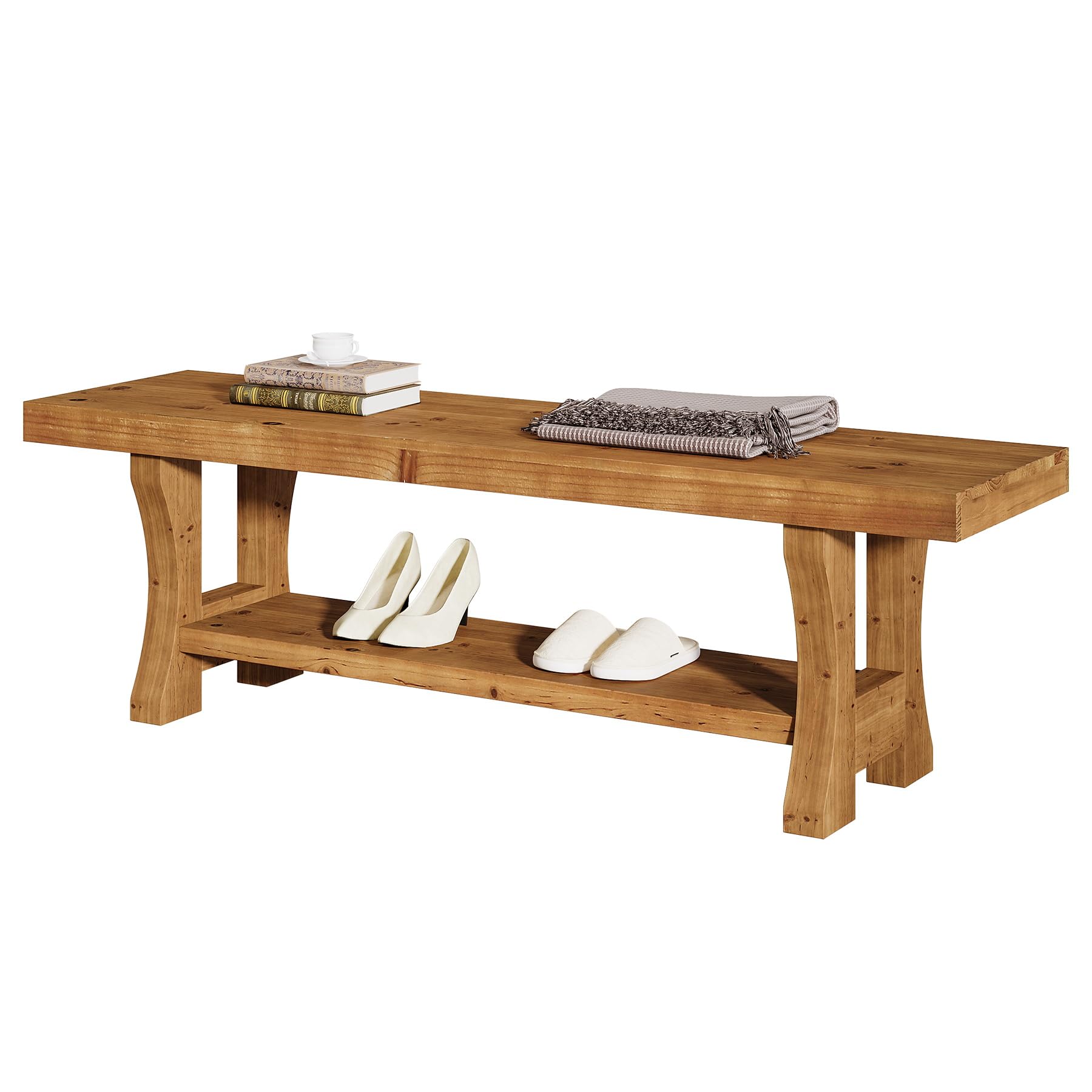 Solid Wood Entryway Bench, 55" End of Bed Bench, Long Indoor Dining Seat for Hallway, Bedroom, Living Room, Dining Room, Easy Assembly, Brown