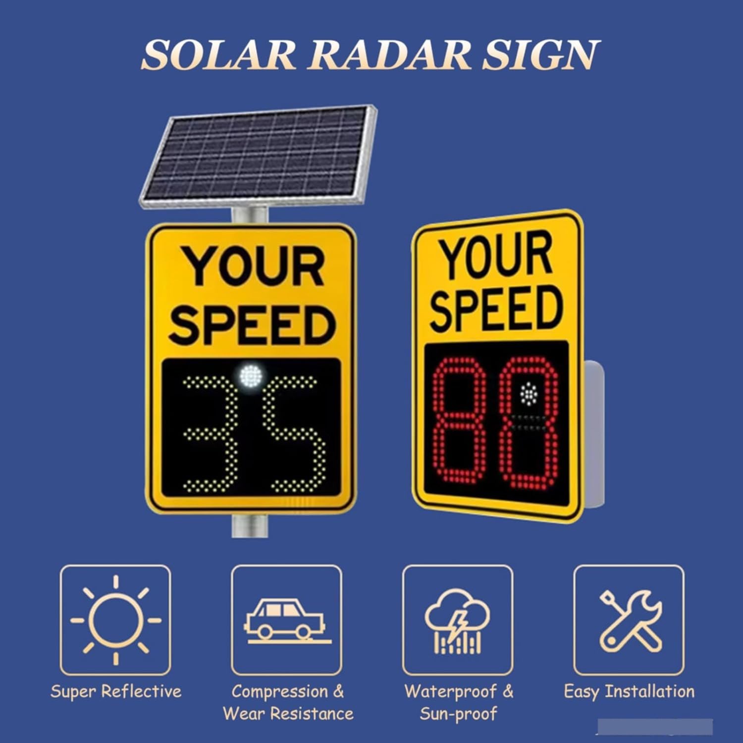Señal de radar digital LED con energía solar, indicador de límite de velocidad intermitente, panel de advertencia vial de aluminio, 24x35 pulgadas y 60x90 pulgadas, color blanco.