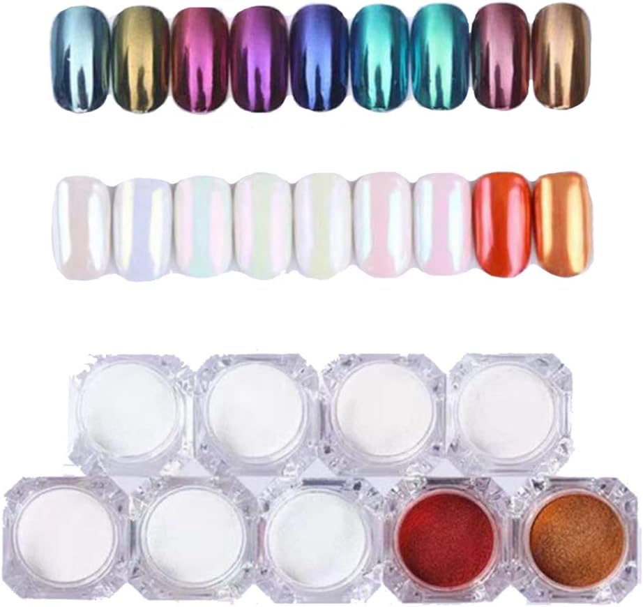 Shell Nail Chrome Powder - Mirror & Opal Effect Holographic Glitter Nail Powder Manicure Pigment Kit - 9 Colors(01-09)