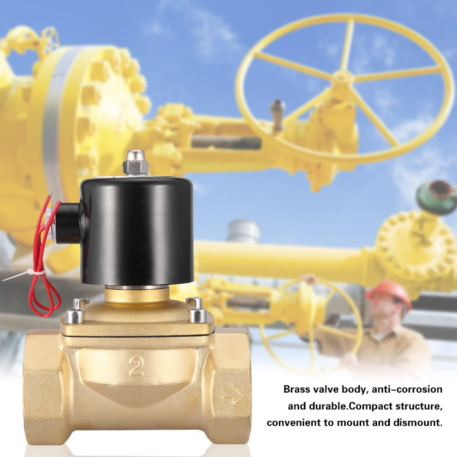 Eujgoov Válvula Solenoide NC Válvula Eléctrica de Latón de 2 Pulgadas de 2 Pulgadas Normalmente Cerrado 220 VAC para Gas de Aire de Agua