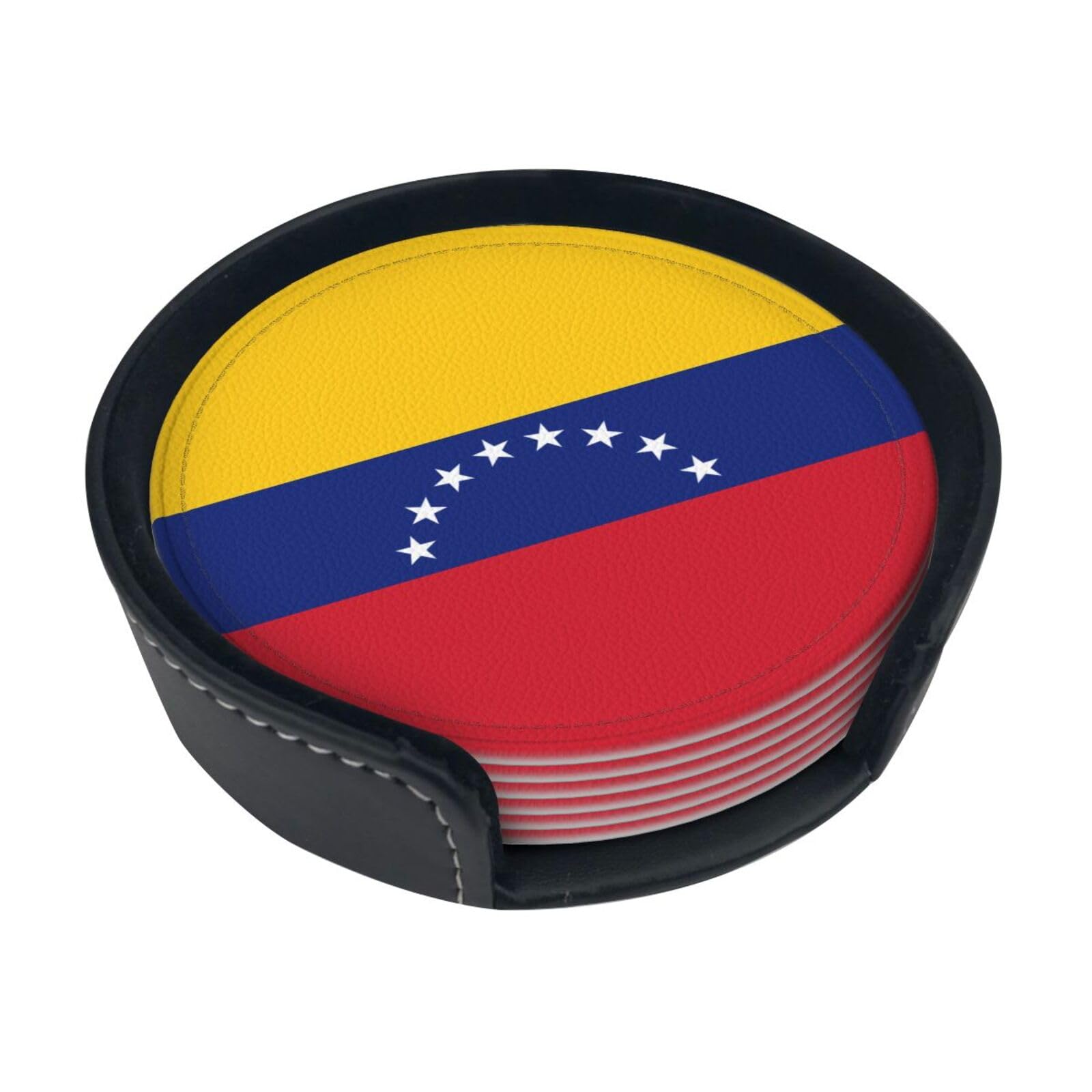 Flag of Venezuela Printed Coaster Set, with Holders, 6 Pieces. Suitable for Dining Tables, Kitchen Decor, and Coffee Tables.