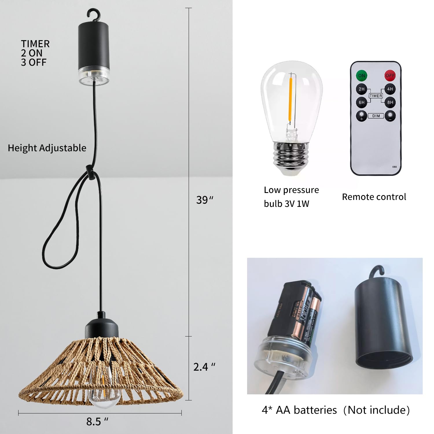 Battery Operated Hanging Pendant Light – Rattan Outdoor Chandelier With Warm White Bulb, IP44 Waterproof, Timer & Brightness Control (4x AA)