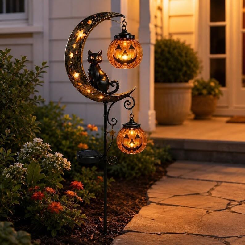 Solar Halloween Black Cat & Pumpkin Moon Garden Stake Light, #A