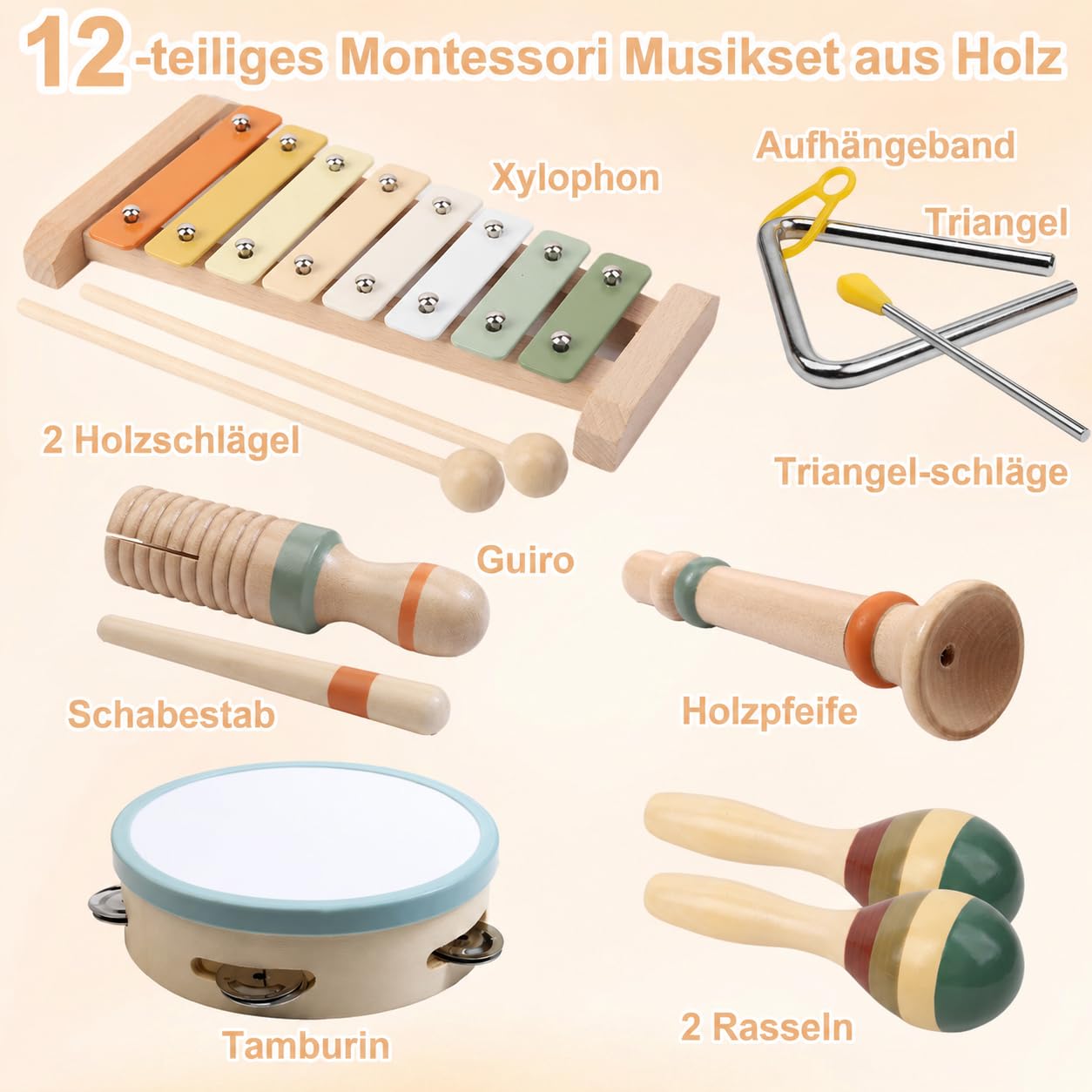 Musikinstrumente für Kinder 3 Jahre, Montessori Musikset aus Holz, 12-teiliges Musikspielzeug mit Xylophon, Tamburin, Rasseln, Guiro, Triangel und Holzpfeife