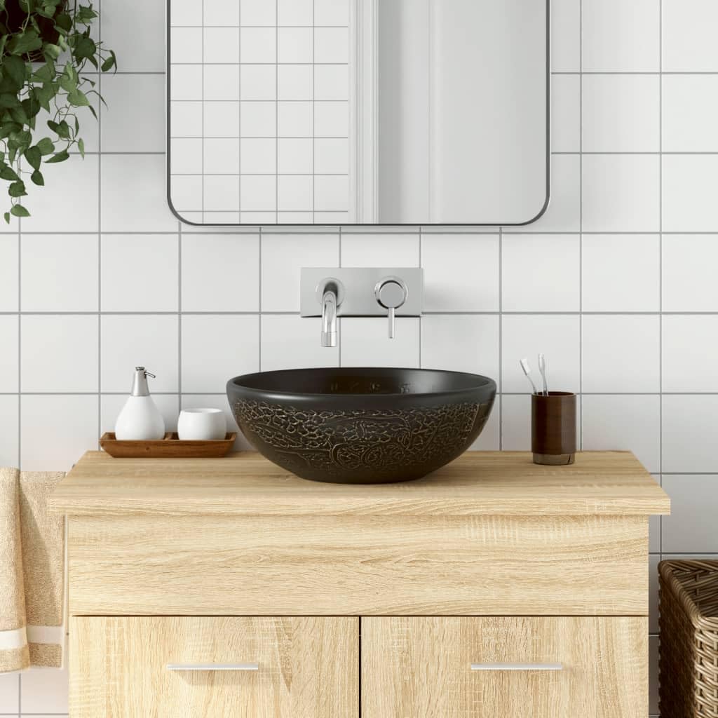 INLIFE Aufsatzwaschbecken Schwarz Rund Ø41x14 cm Keramik,Heimwerkerbedarf,Sanitärbedarf,Sanitärkeramik & Armaturen,Waschbecken & Spülen,Badezimmer-Waschbecken,Schwarz,8.7 KG,155058