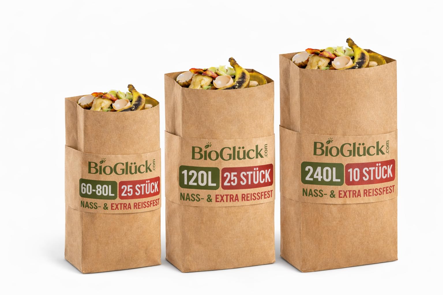 BIOGLÜCK® Biomüllsäcke 60L & 80L [25 Stück] | Flexibel anpassbar für 60 und 80 Liter Biotonnen | Extra reißfest & nassfest