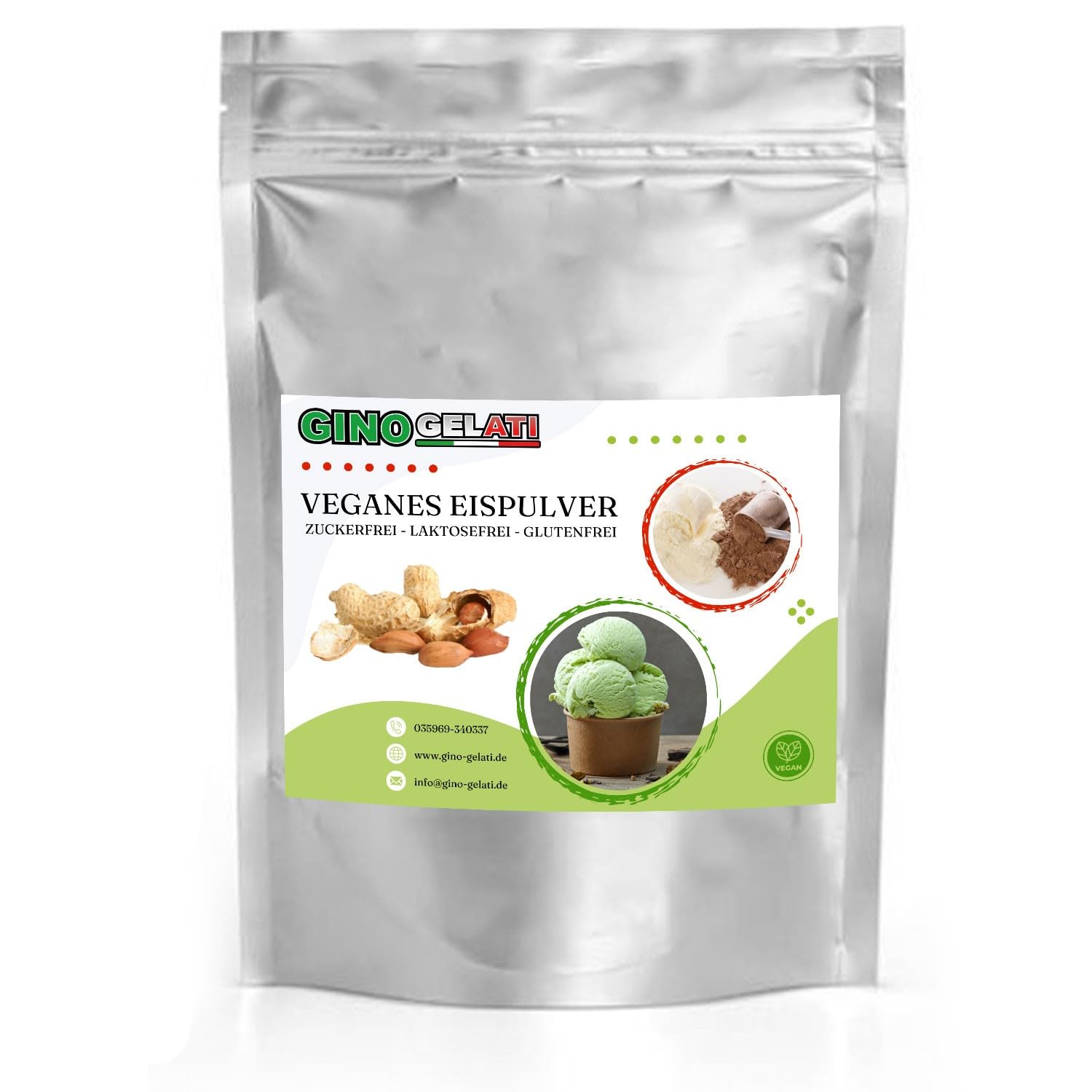 Gino Gelati Nuss Veganes Eis Pulver Zucker-, laktosefrei, verschiede Geschmäcker, schnelle und einfache Zubereitung, Herstellung mit oder ohne Eismaschine (10 Kg, Erdnuss)