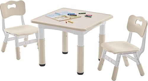 Juego de mesa y 2 sillas para niños, mesa y sillas para niños pequeños de altura ajustable con escritorio de graffiti, 23.6 pulgadas de largo x 23.6