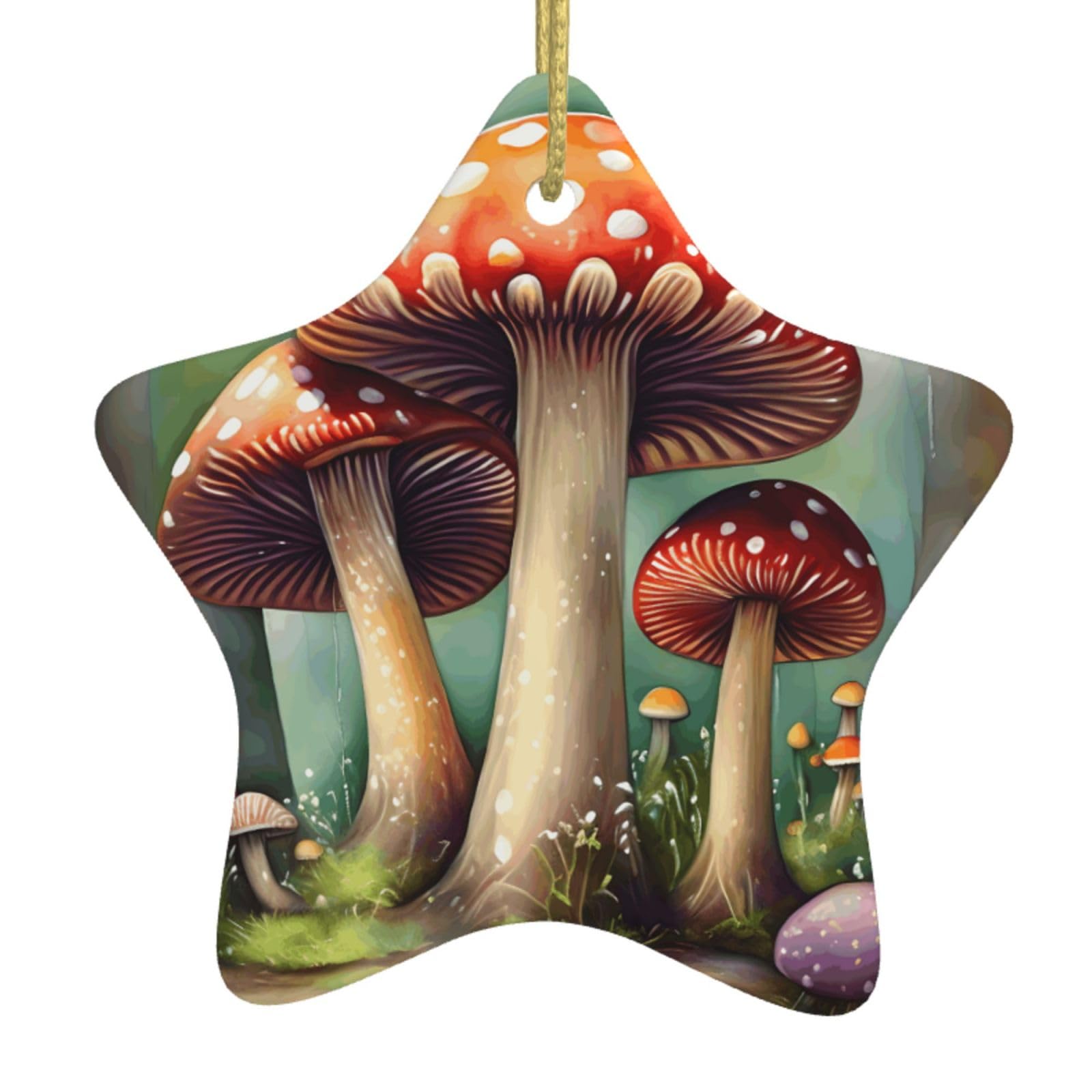 Japanese Painting Mushroom Print Christmas Ornaments, Ceramic Hanging Ornament, Round Shape Decorations