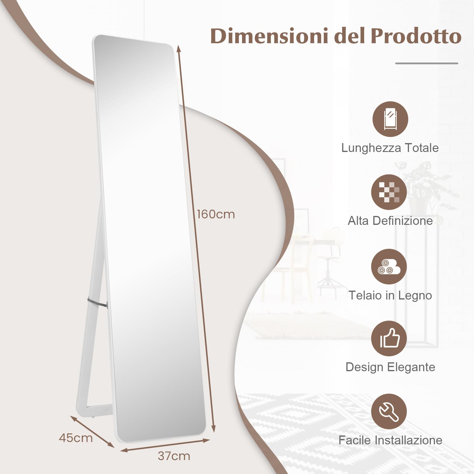 COSTWAY Specchiera da Terra Autoportante a Figura Intera, Specchio Rettangolare, Angolo Regolabile, 2 Metodi di Installazione, Bianco 160x37cm
