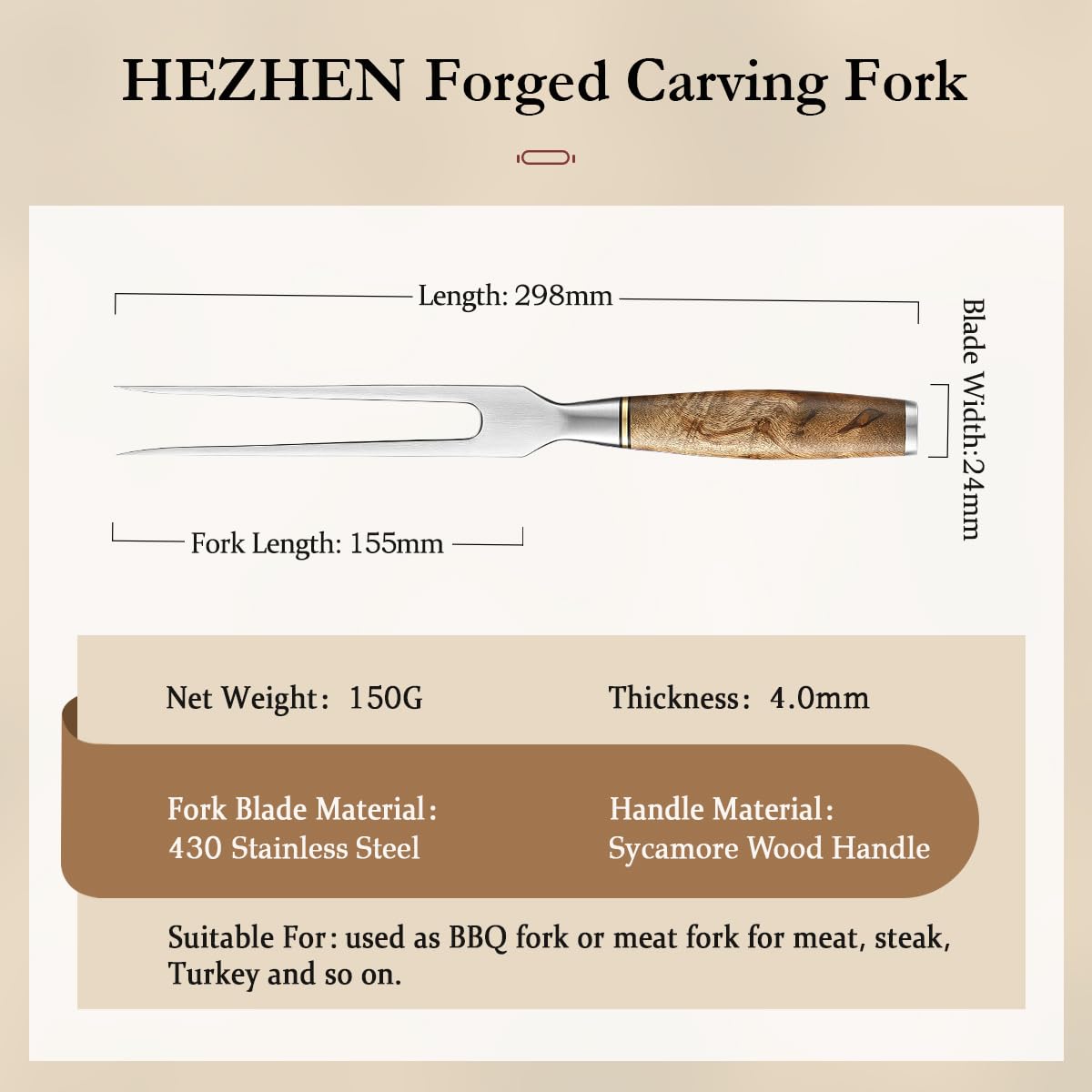 HEZHEN Forjado Tenedor de Tallado y Barbacoa Al Aire Libre - 15,5" de Acero Inoxidable 430 Sólido - Mango de Madera Figaro Sycamore - Caja de Regalo Incluida