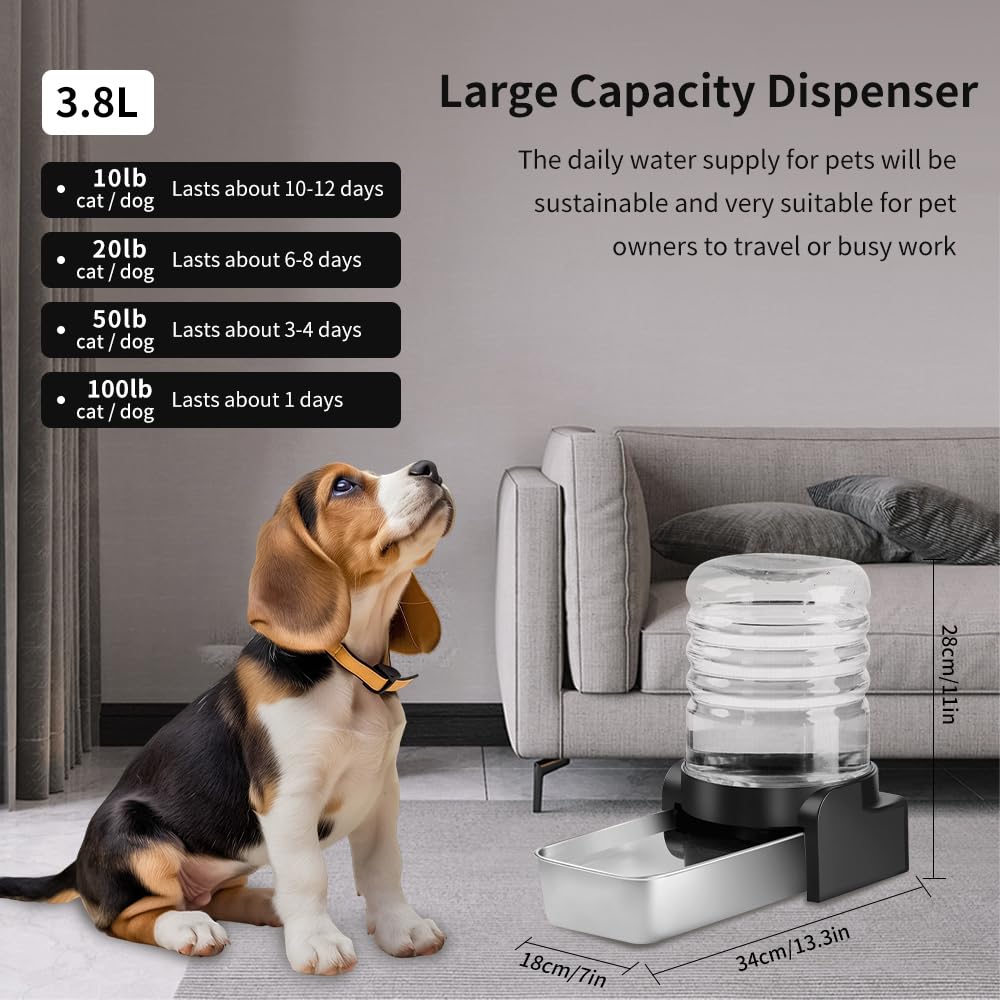 Marchul 3.8 L Cani Distributore d'acqua, distributore automatico d'acqua per cani con ciotola in acciaio inossidabile e 3 filtri, bottiglia d'acqua a gravità di grande capacità per cani e gatti