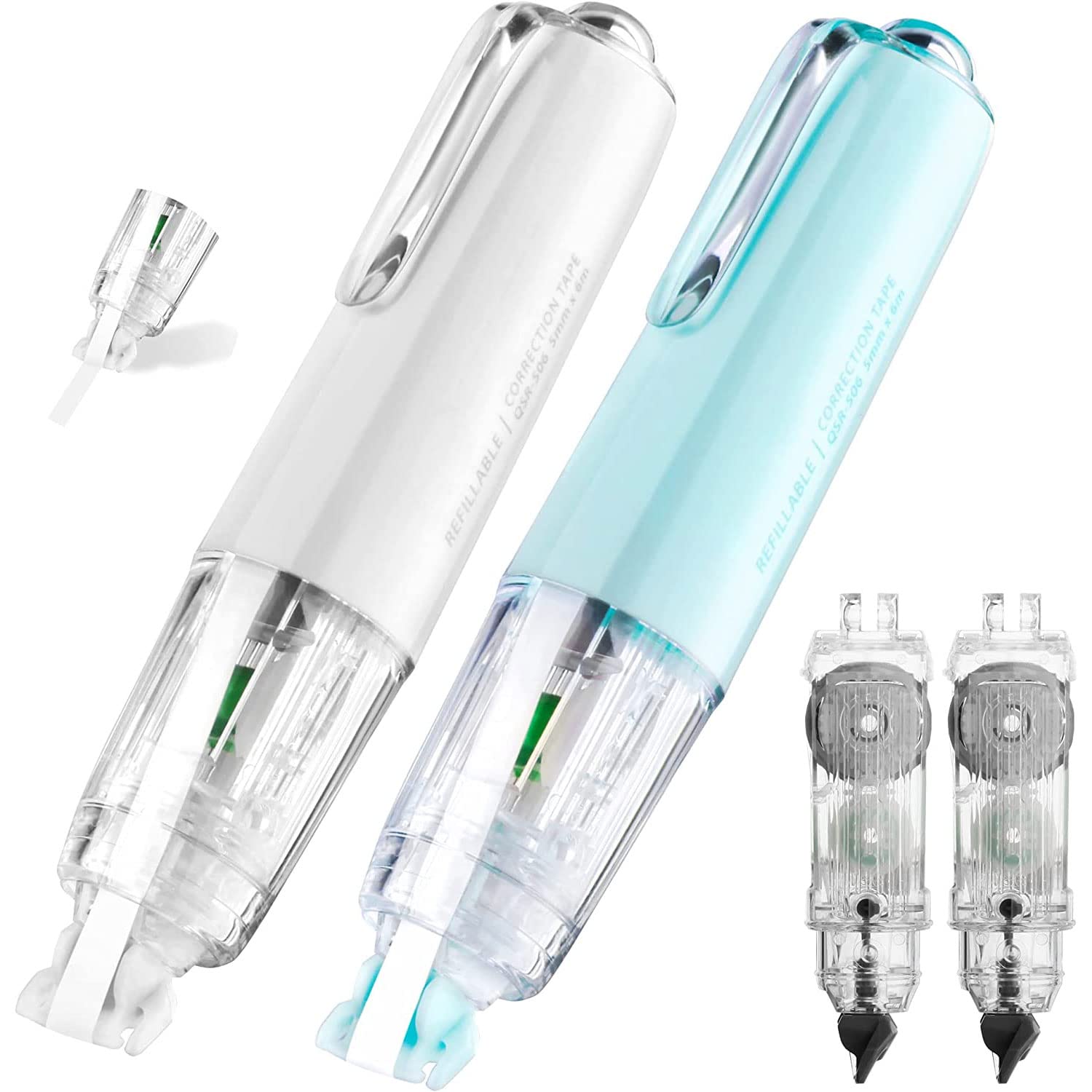 Refillable Correction Tape, 4PCS Retractable White Out Tape Pen, with 360° Rotatable Head Flexible Tear-Resistant White Tape Applicator Whiteout Roller Cylindrical Correction Tape for Student Teacher