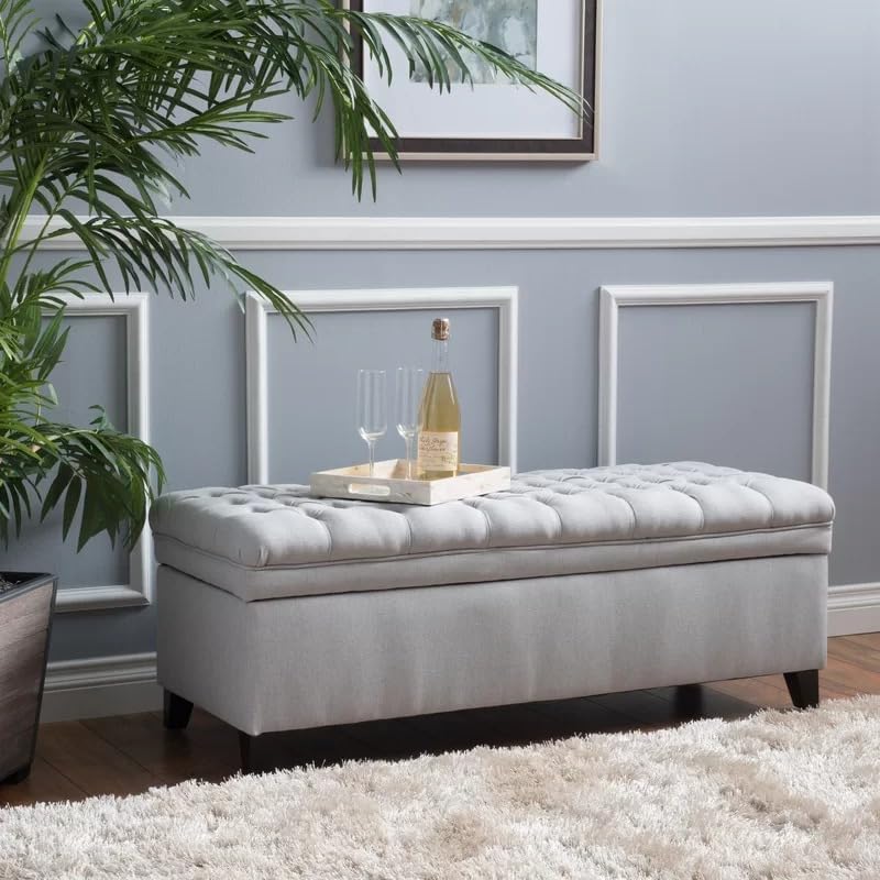Modern Chasterfield 2 Seater Bench Button Tufted Velvet Bed Side Storage Bench for Living Room, Bedroom, Entryway (Light Grey)-image-49
