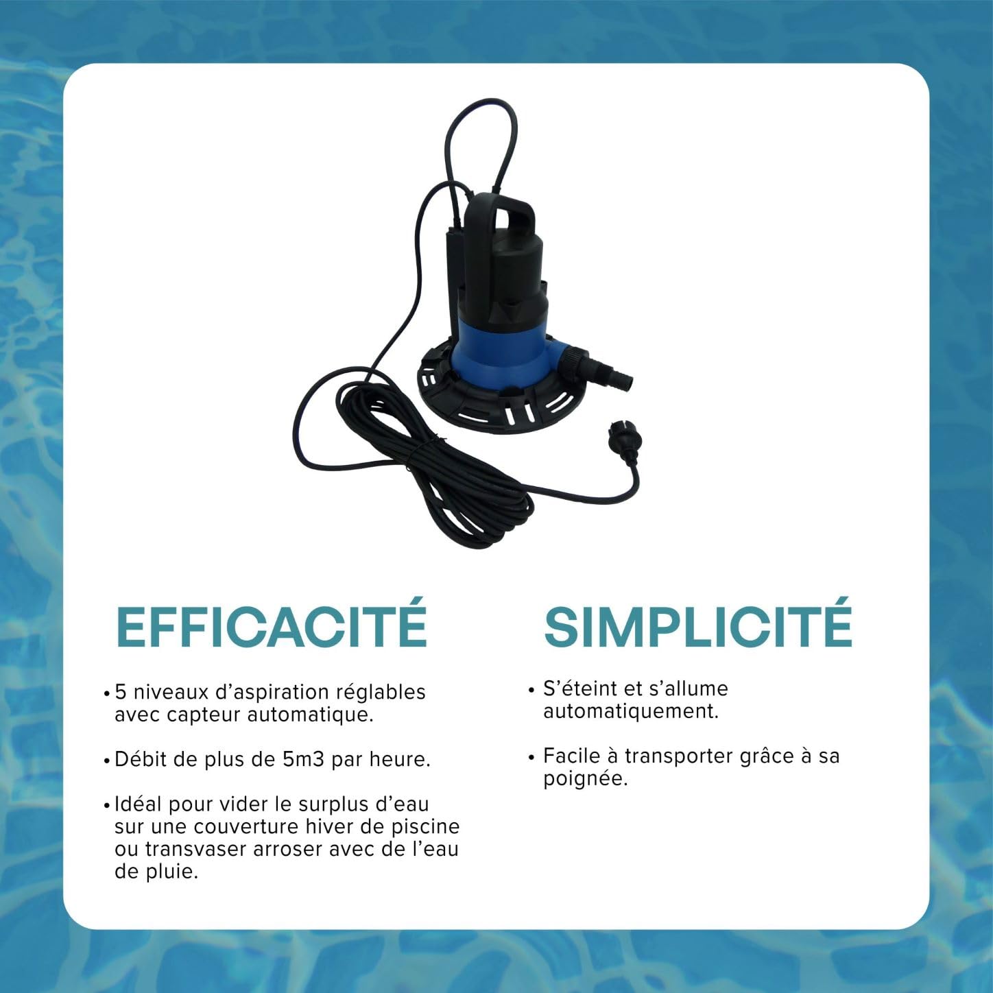 Pompe Vide Cave Submersible - Débit 5,5 m³/h - Évacuation Vidange Eau Claire - Câble 10m - Capteur 6 Hauteurs Réglables - D 32-38 mm - Vidange Piscine