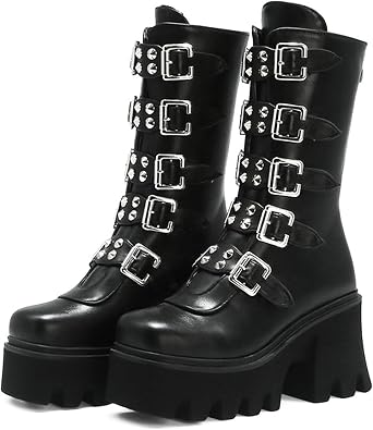 Women Goth Platform Mid Calf Boots with Rivet Buckle,Round-Toe Back Zipper Chunky High Heel Multi Band Punk Motorcycle Combat Booties
