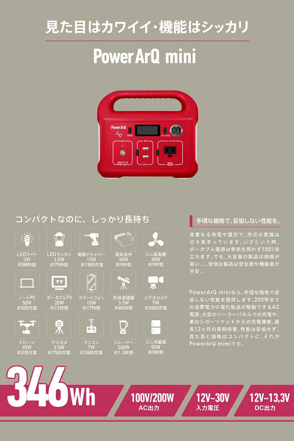 Amazon.co.jp: Smart Tap ポータブル電源 PowerArQ mini レッド (346Wh 
