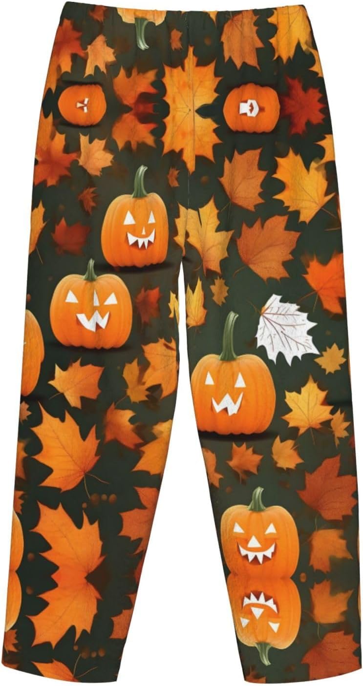 Happy Thanksgiving Day Pumpkin Print Cozy Flannel Pajama Pants For Women,Warm Christmas Pj Pants,Cute Fleece Pajamas