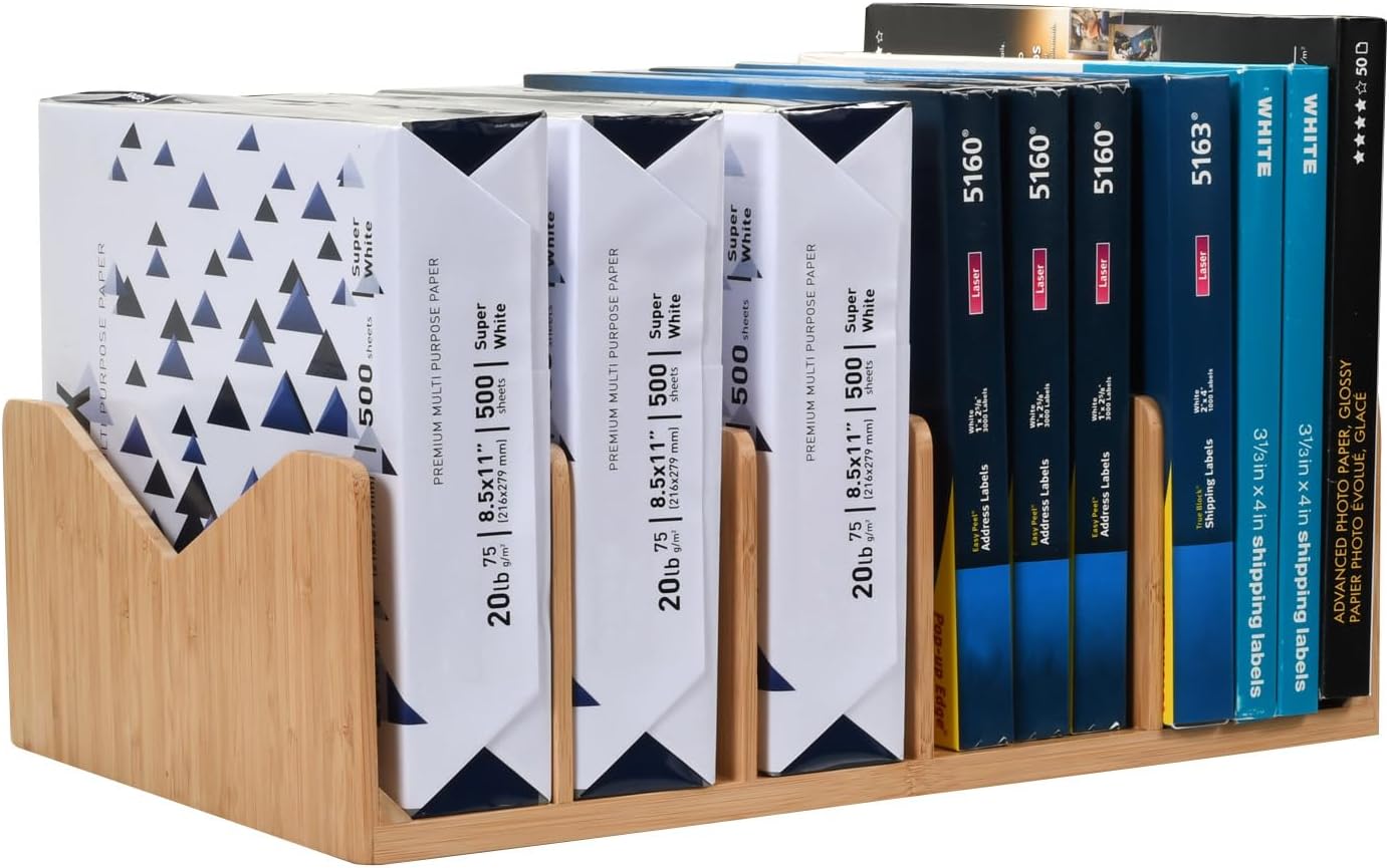 MobileVision Bamboo Paper Holder and Label Organizer Dividers for Office Organization and Storage, 5 wide dividers for Books, Binders, Files, Boxed Labels and more