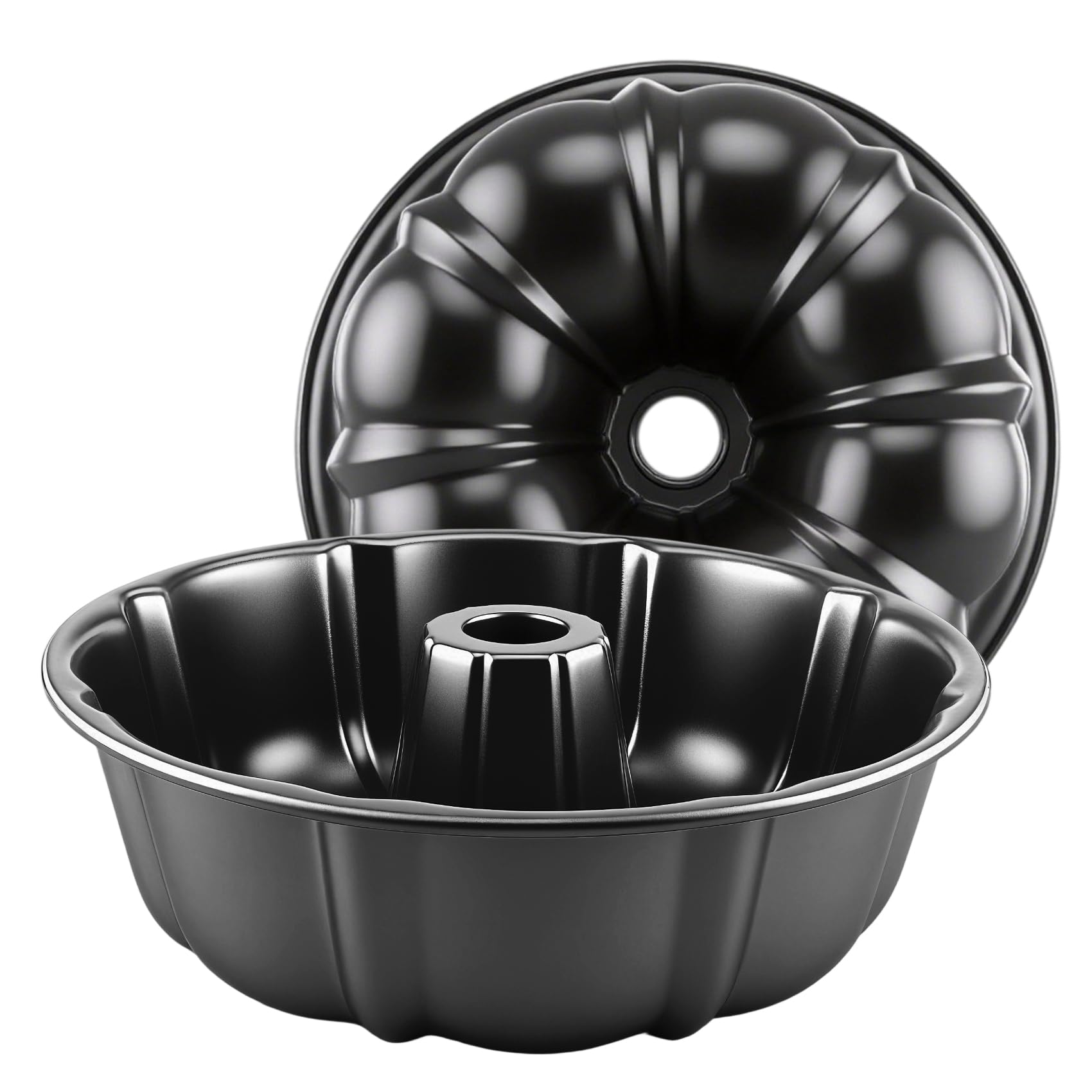 View 1 of 10” Cake Pan 2-PACK, Non-Stick Carbon Steel Fluted Tube Cake Pans, Black