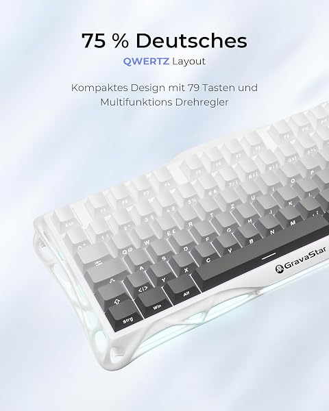 GravaStar Mercury K1 75% Mechanische Gaming Tastatur, QWERTZ Layout (DE), Magnesiumlegierung Exoskelett, Tri-Mode (2.4G/BT/USB-C), Hot Swap, Gasket Mount, RGB - Farbverlauf Weiß - 2