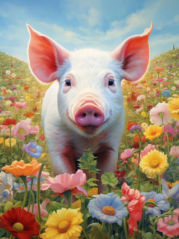Zariocy 5D Diamond Art Painting Kits Pig with Flowers, DIY Paint with Diamond Art Animal Round Full Drill Crystal Diamond Embroidery Paintings Arts Craft for Home Office Wall Decor 30x40 cm