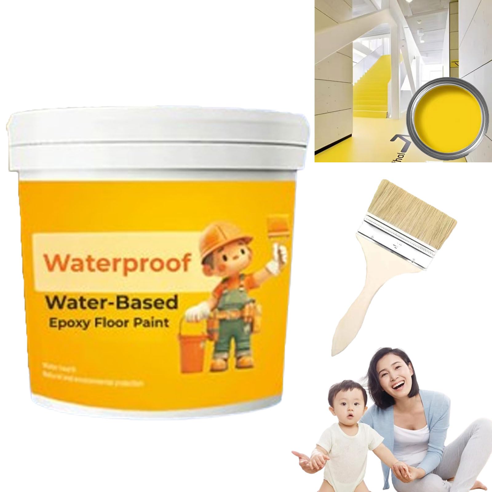 POTKFMN Waterproof Water-Based Epoxy Floor Paint, 300g Quick Dry Anti Slip Water Based Floor Paint, Waterproof Concrete Floor Paint for Garage, Kitchen or Industrial Factory (Yellow)