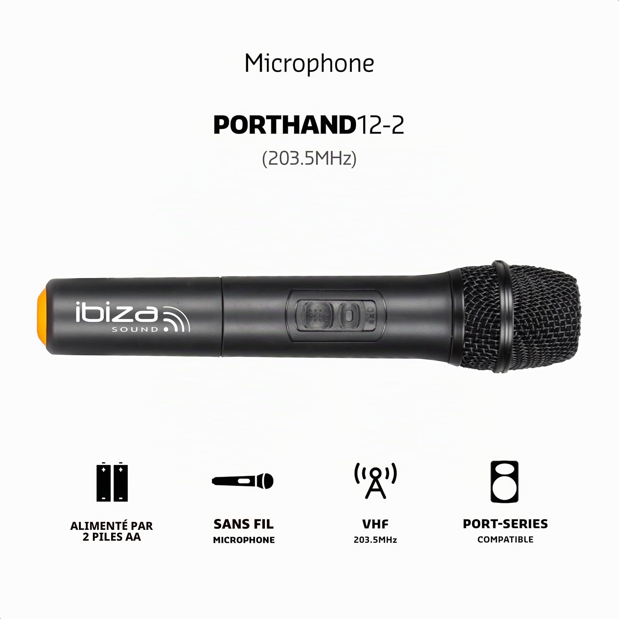 Ibiza PORTHAND12-2 Micro Main sans Fil VHF 203,5MHz pour PORT12VHF-BT et PORT15VHF-BT