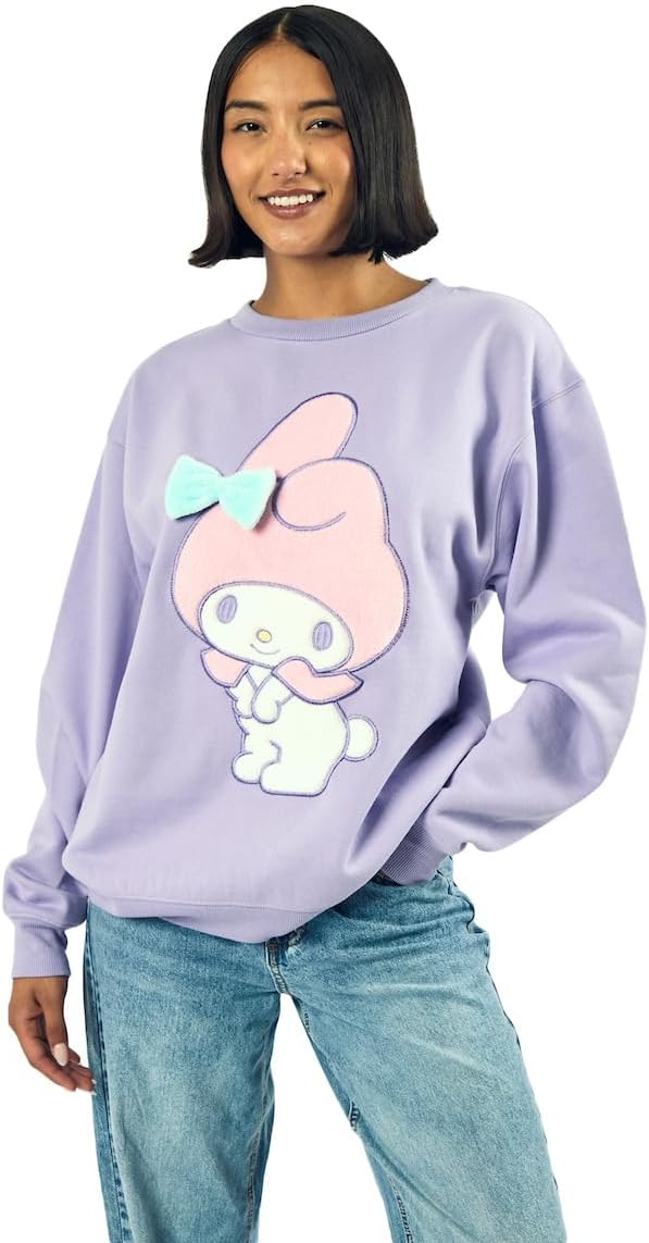 Bioworld My Melody Big Face Plush Character Women's Purple Crew Neck Long Sleeve Oversized Fleece Sweatshirt