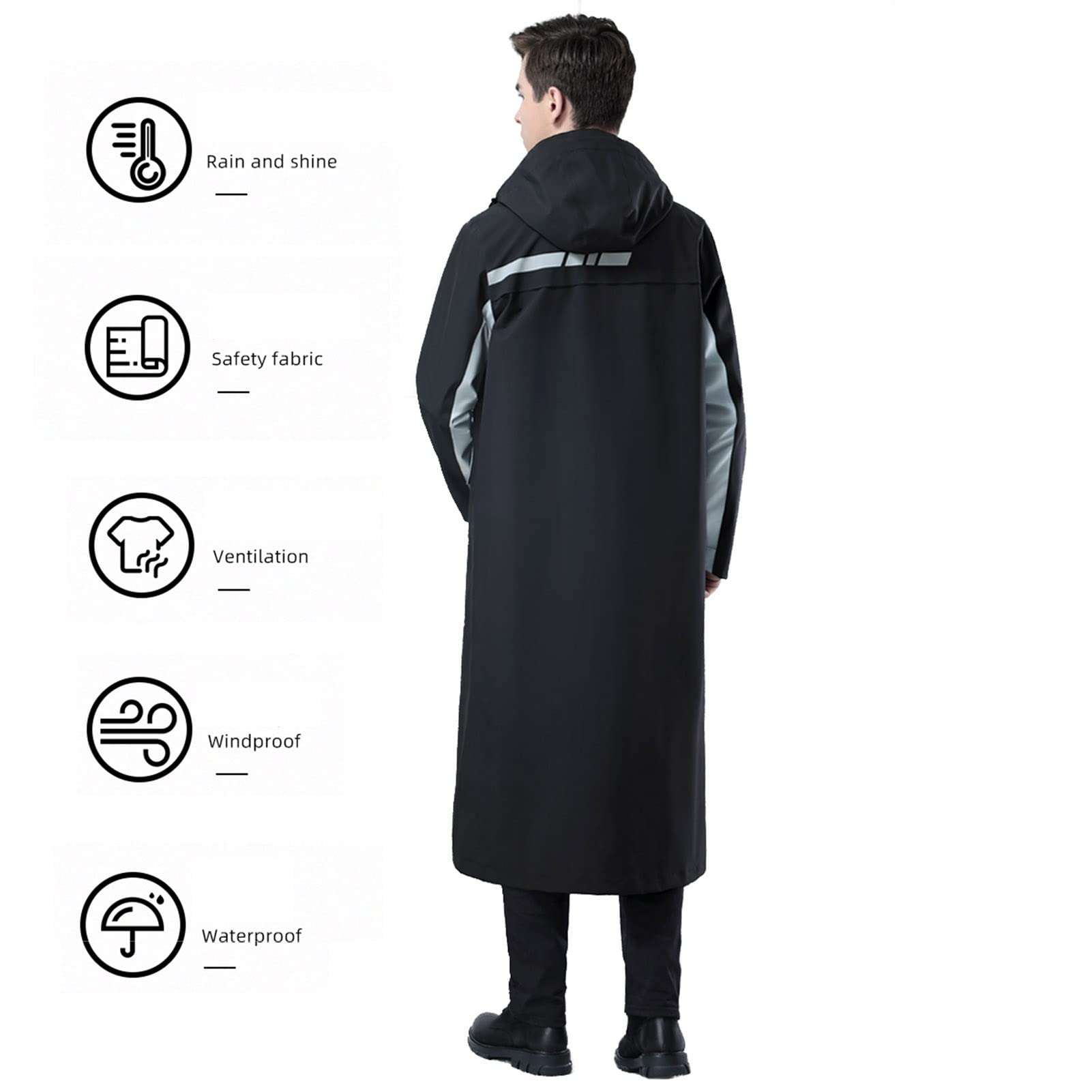 Chubasquero Transpirable para Hombre, Chaqueta Impermeable Larga para Lluvia, Gabardina Impermeable a Prueba de Viento, Equipo de Lluvia con Capucha, Poncho de Lluvia Reutilizable- Negro