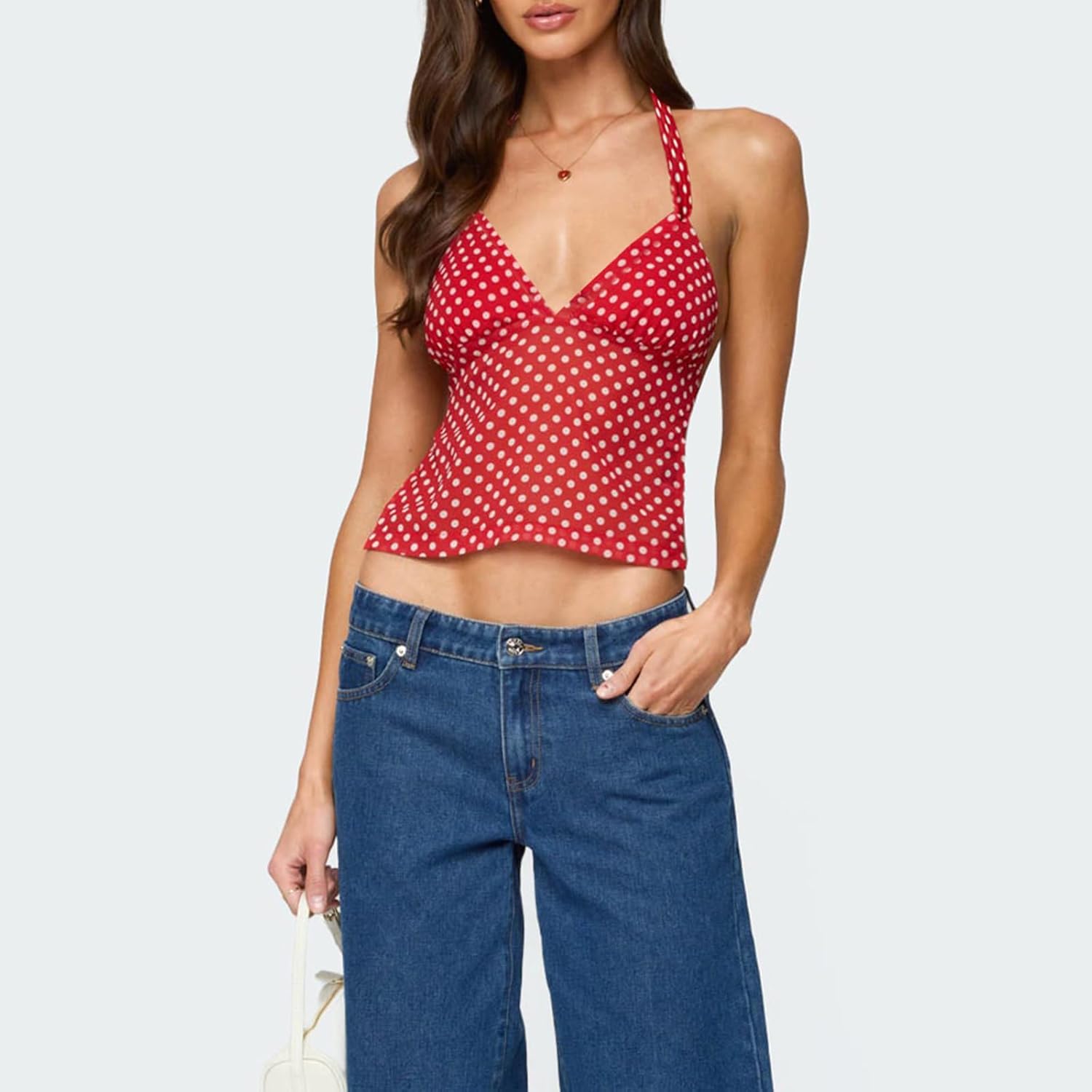 Women's Y2k Polka Dots Halter Neck Tops Sexy Deep V Neck Sleeveless Backless Tie Up Cropped Tank Top - Image 3