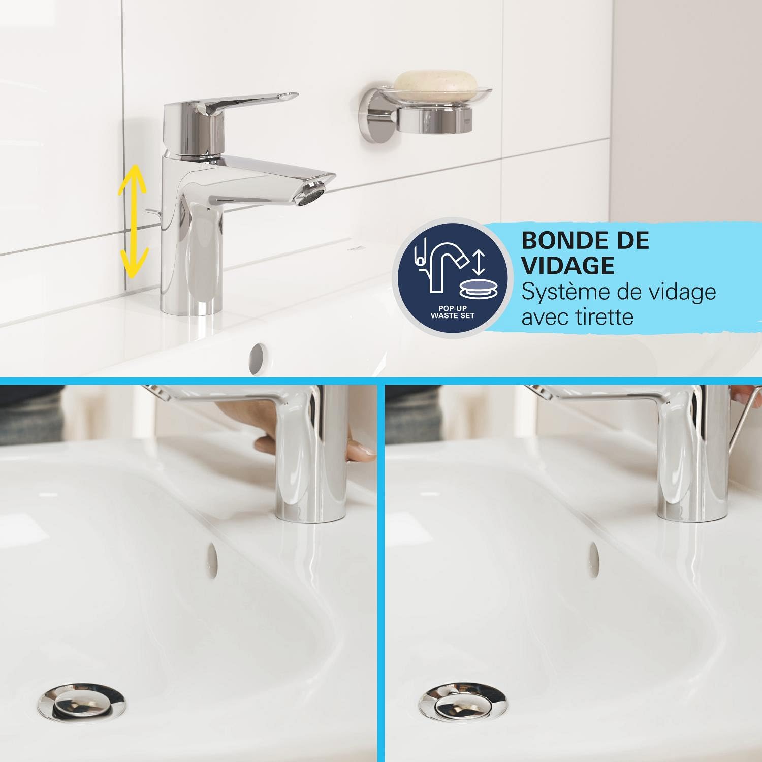GROHE QUICKFIX StartEdge Robinet de salle de bains lavabo, mousseur économie d'eau, avec tirette, installation et nettoyage facile, taille S, chromé, 24196001 (Import Allemagne)