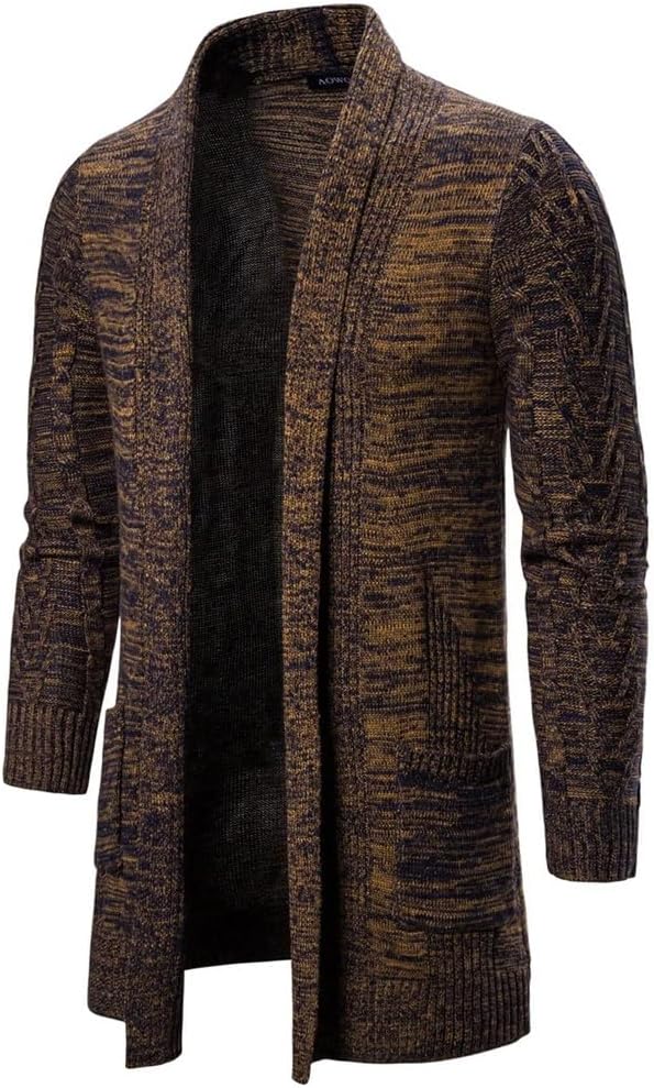 Men's Retro Mid Length Knitted Cardigan Jacket with Solid Color Lapel and Casual Loose Fit Cardigan Jacket